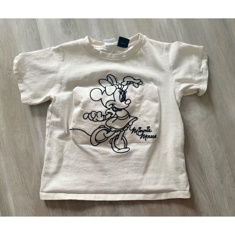 Zara T Shirt Girls 8-9 Off White Disney Minnie Mouse Embroidered Sparkle Tee
